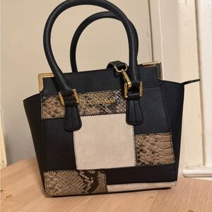 Calvin Klein Black and Tan Patchwork Satchel